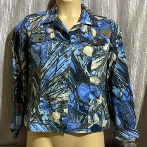 Christopher & Banks Jacket Blue Brown Tan Floral Size L Front Buttons Pockets